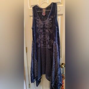 Johnny Was Navy Blue Embroidered High Low Dress, Size 2X, Vintage.